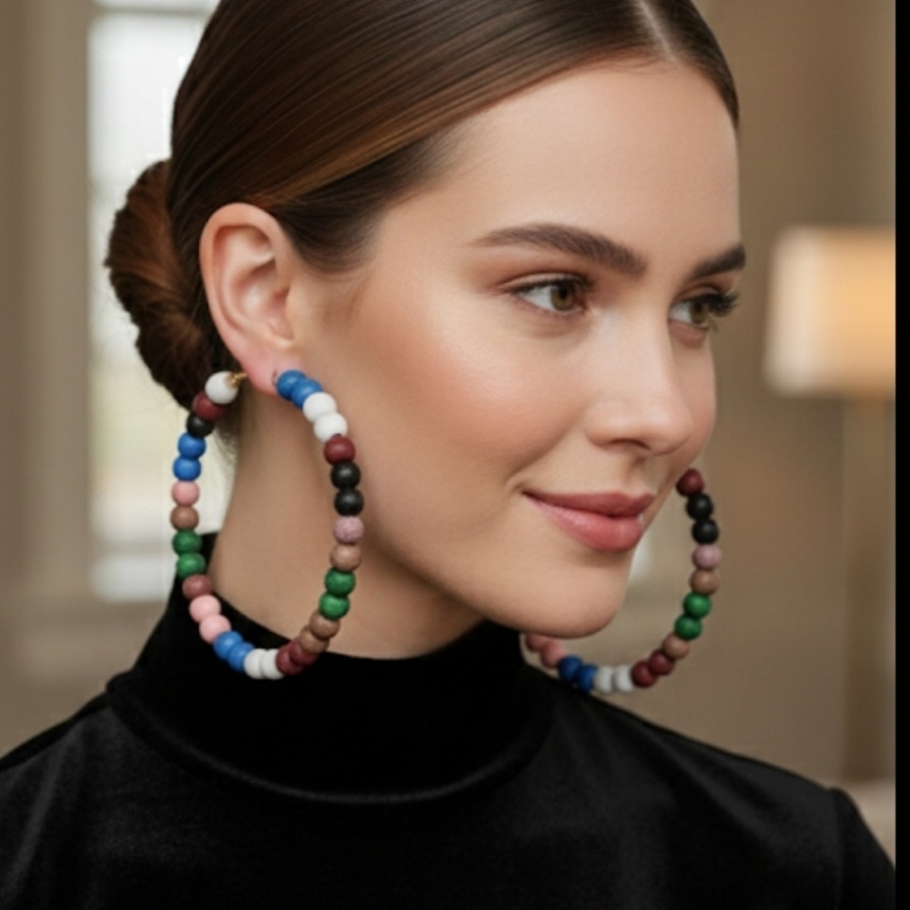 Extra-large earrings with wooden beads, super lightweight and easy to wear. 8 cm - Picture 3 of 12